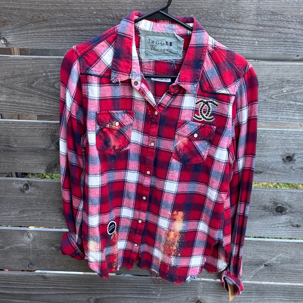 Repurposed and distressed Red Plaid pearl snap Shirt with Embellishments